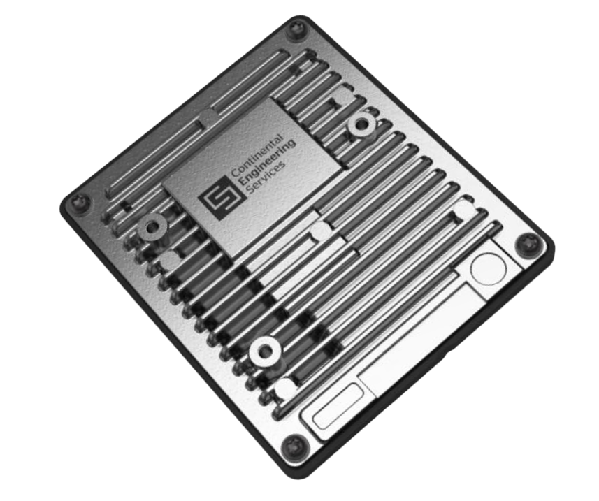 Twin-motor transmission control unit TCU for motorcycles from Continental, consisting of a black-silver metal housing with horizontal grooves a printed logo and a plastic cover. 